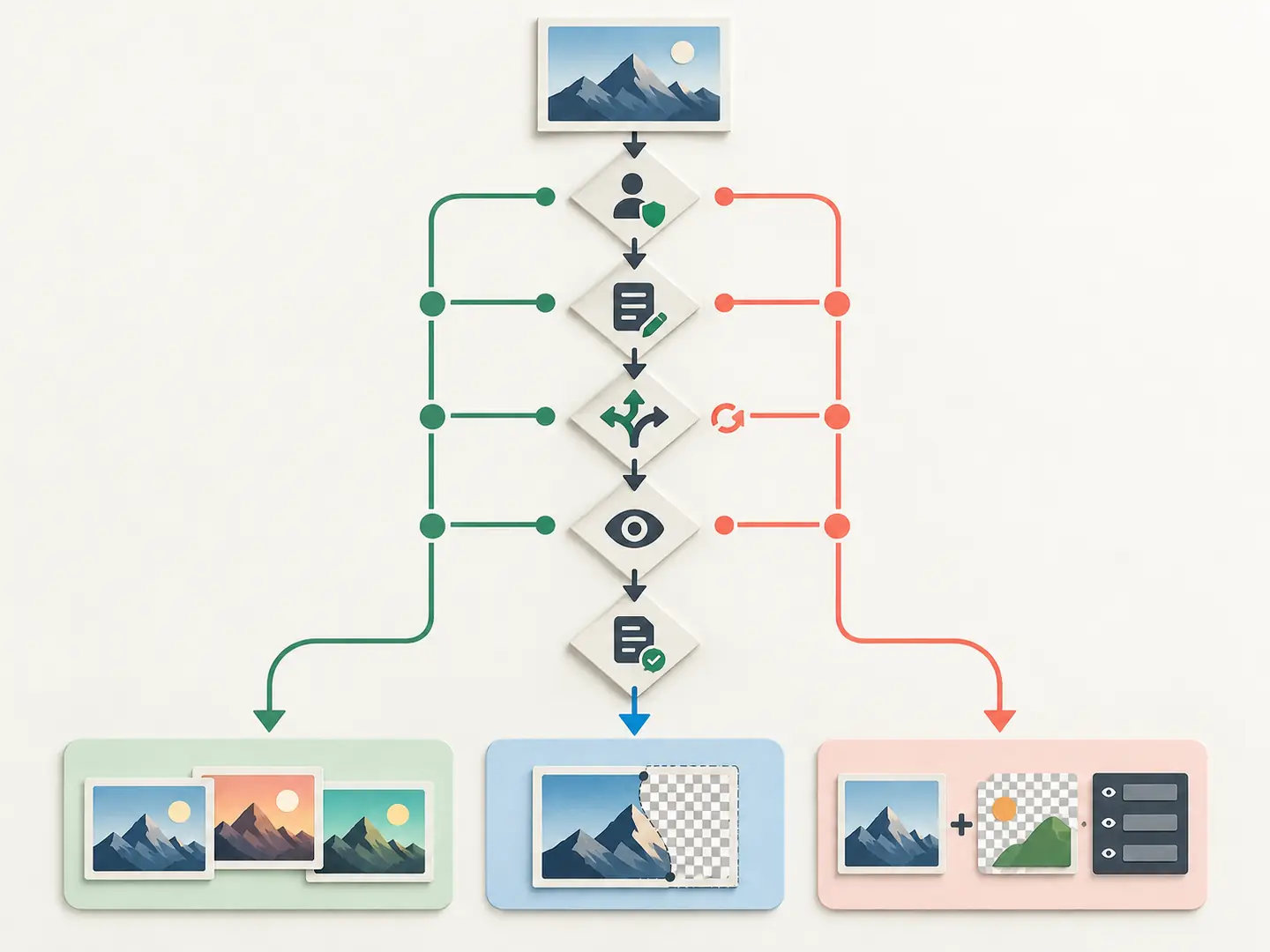 Branching image workflow comparing variation, edit, mask, and conventional graphics routes