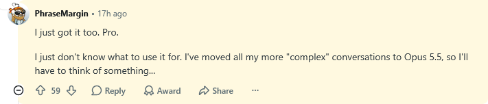 Reddit comment by u/PhraseMargin reporting Argon Pro access and a personal preference for Opus 5.5 for complex conversations.