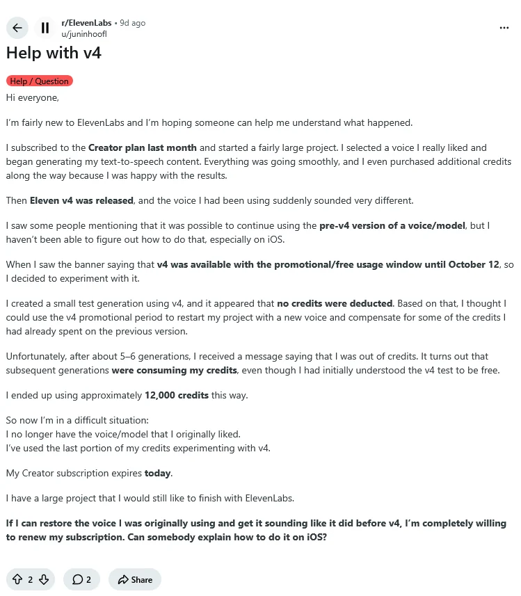 Reddit user juninhoofl describes voice changes and confusion over the v4 promotion