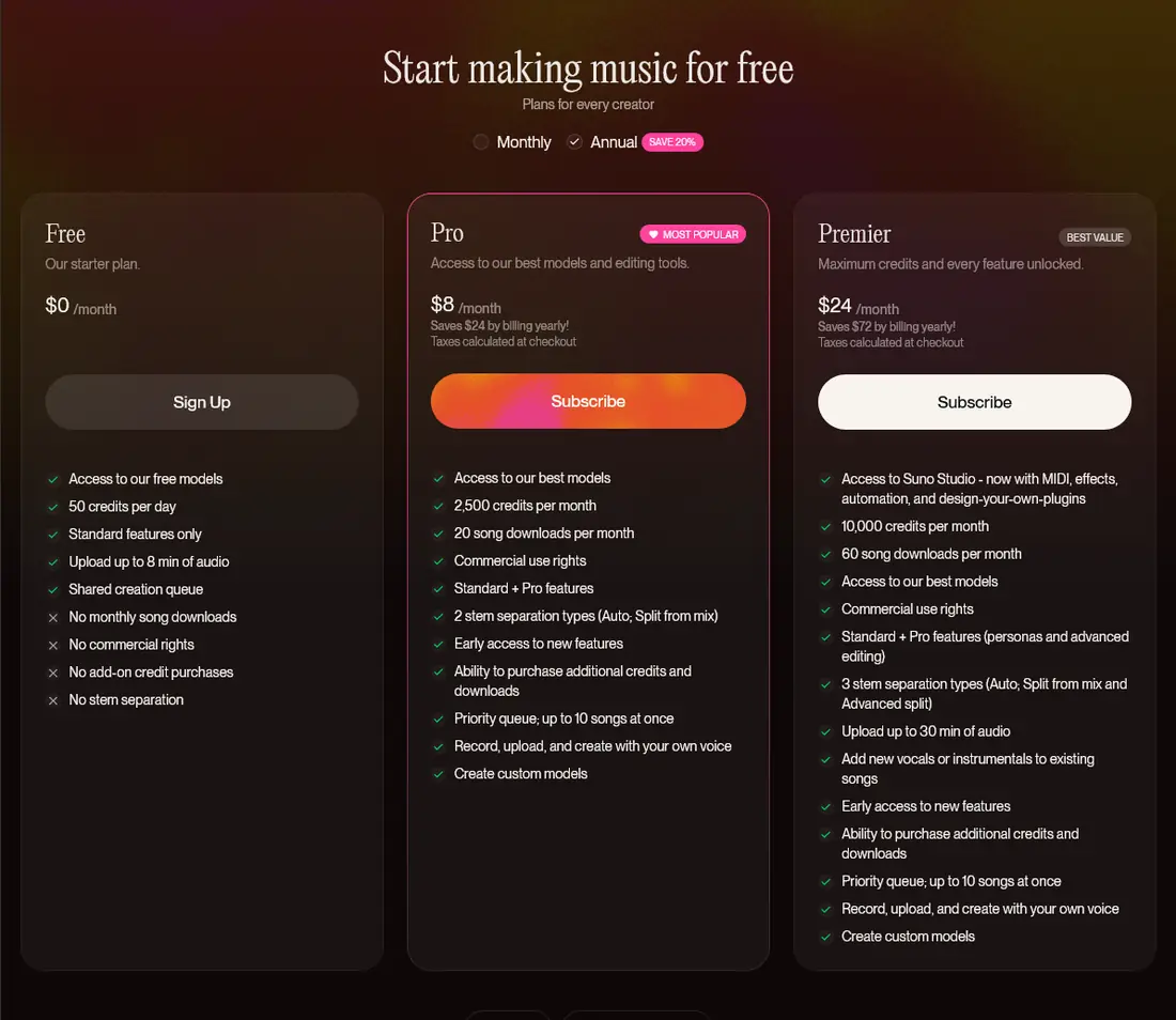 Suno pricing page showing Free, Pro, and Premier plans with annual billing selected