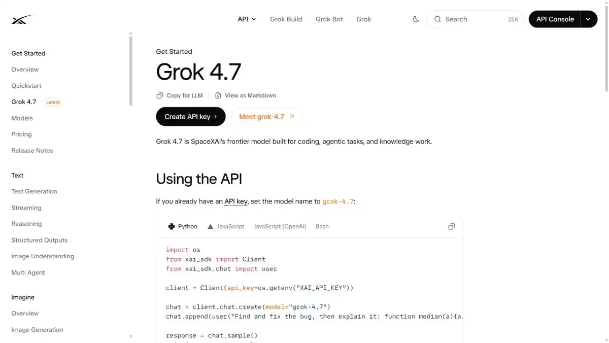 xAI developer docs showing Grok 4.7 model ID and API example