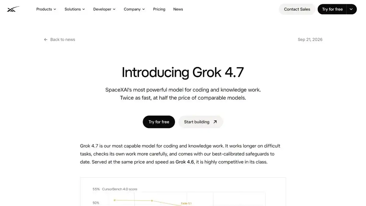xAI Introducing Grok 4.7 headline and official positioning