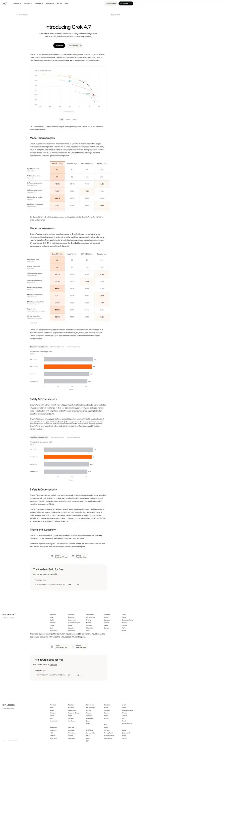 xAI Grok 4.7 launch page with benchmark, safety, and pricing sections
