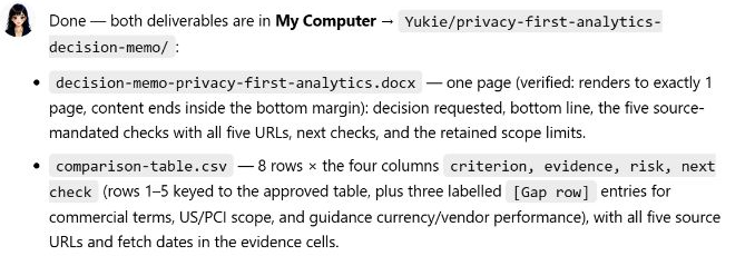Yukie final response listing the generated Word memo and eight-row CSV comparison table