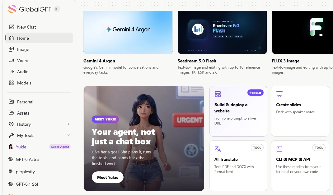 GlobalGPT homepage describing Yukie as an agent that plans a goal, uses tools and returns finished work