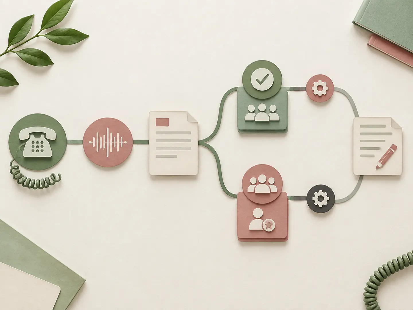 Abstract call-routing diagram with audio nodes, knowledge cards, ticket evidence, and a human handoff queue