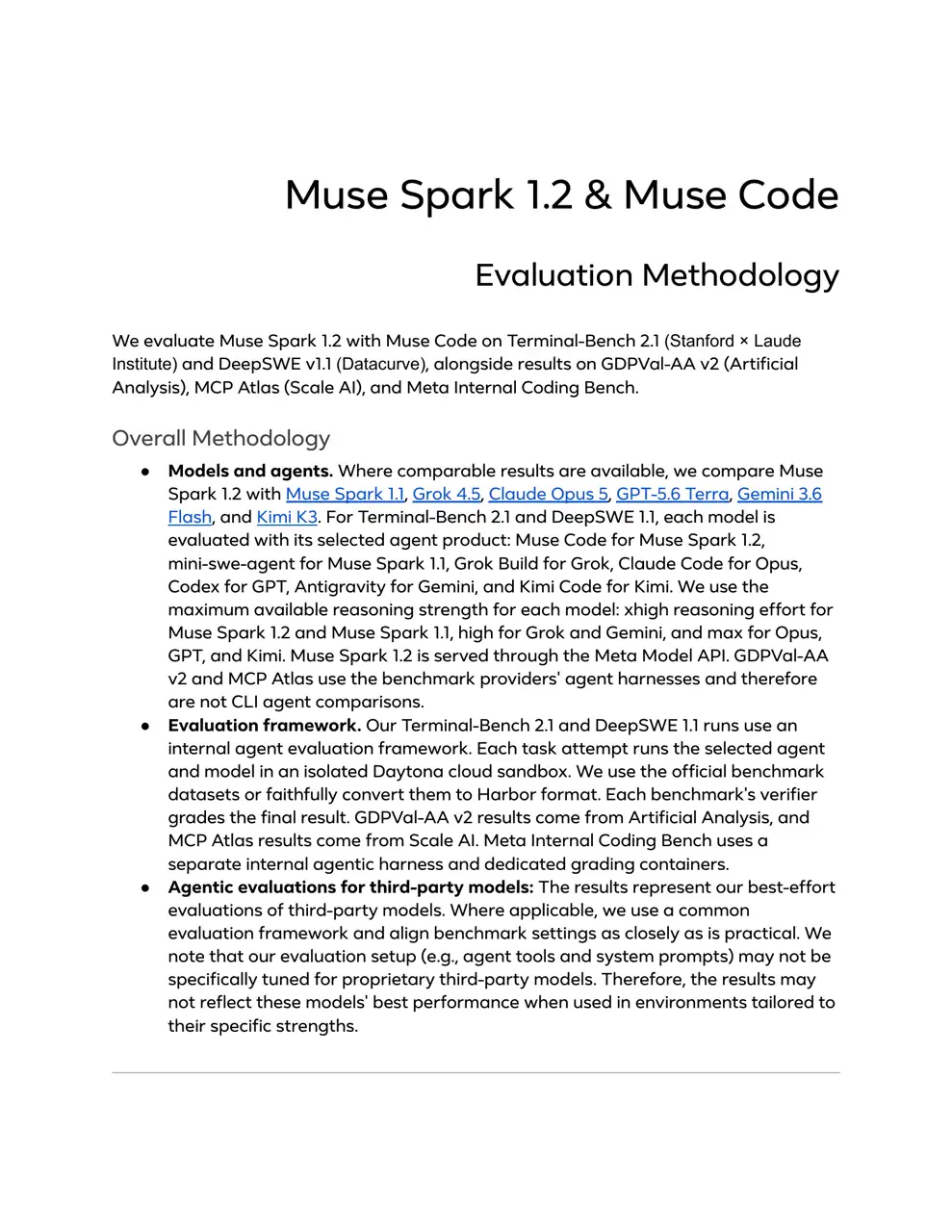Page one of Meta Muse Spark 1.2 and Muse Code evaluation methodology with agent pairings and reasoning settings