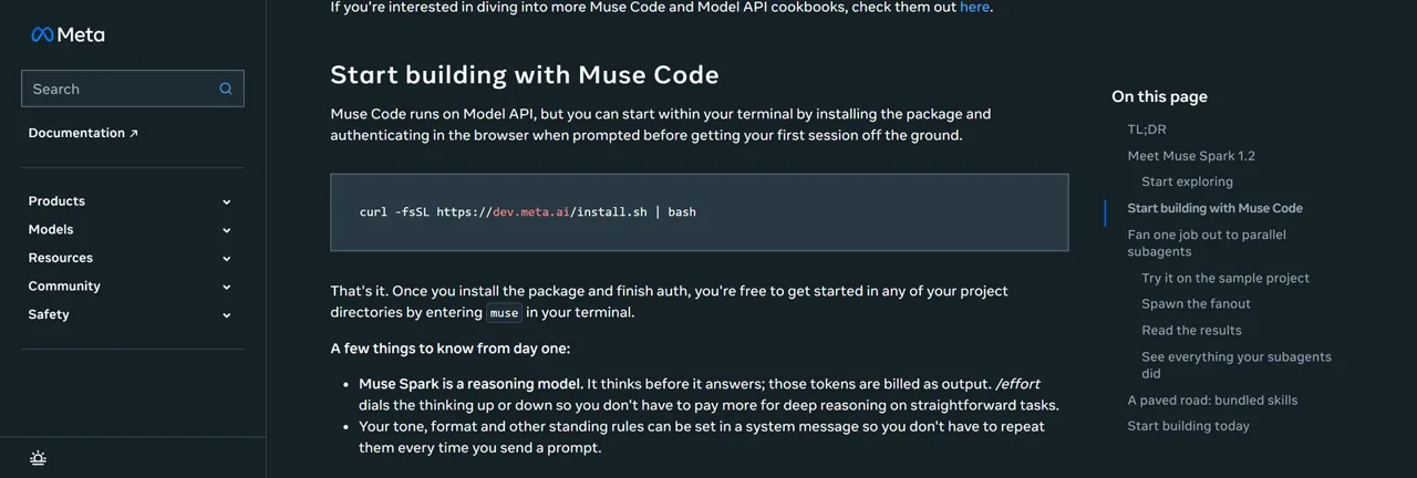 Meta developer guide explaining Muse Spark reasoning-token billing and the Muse Code effort control