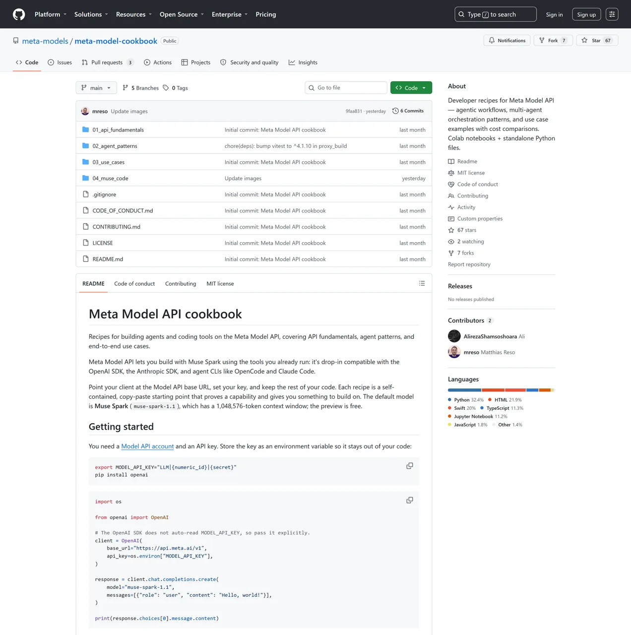 Meta Model API GitHub cookbook showing the OpenAI SDK base URL, environment key, and complete chat-completions example