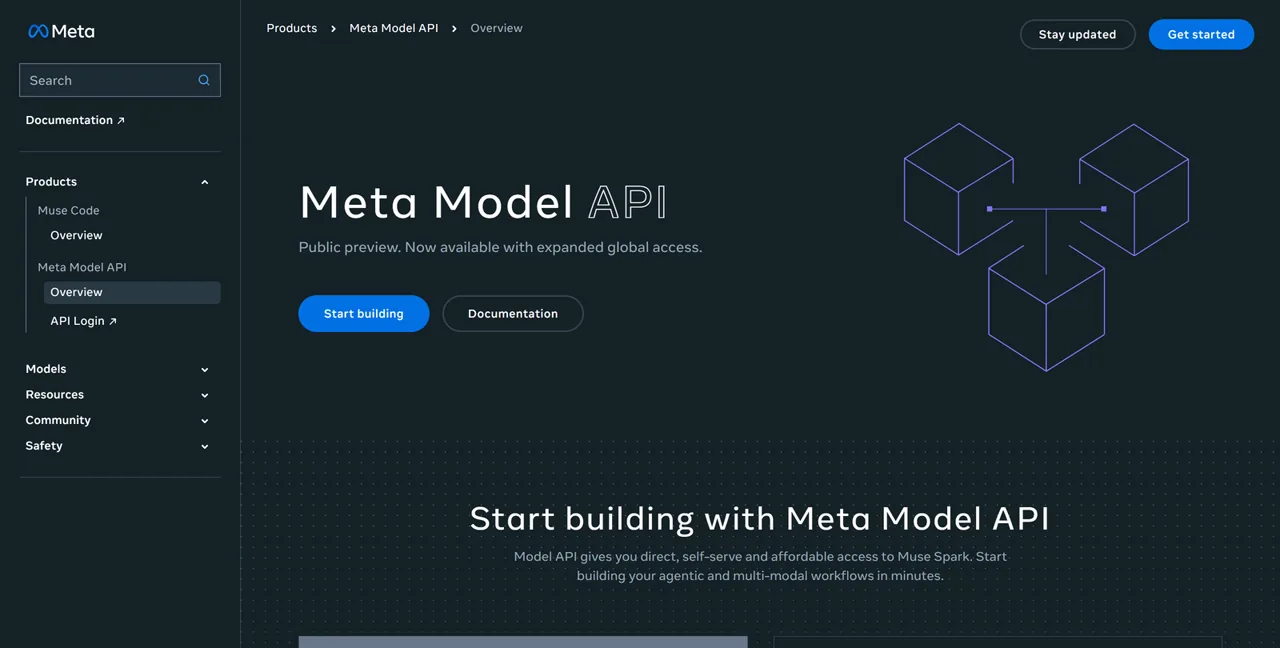 Meta Model API page describing direct self-serve access to Muse Spark in public preview