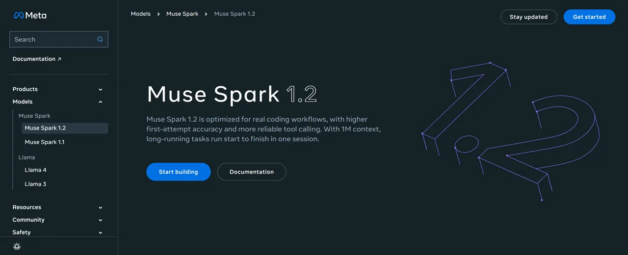 Meta Muse Spark 1.2 model page showing its coding focus and one-million-token context window