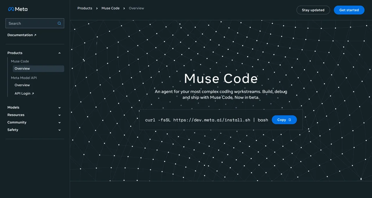Official Muse Code beta page showing the terminal coding agent and its one-command installer