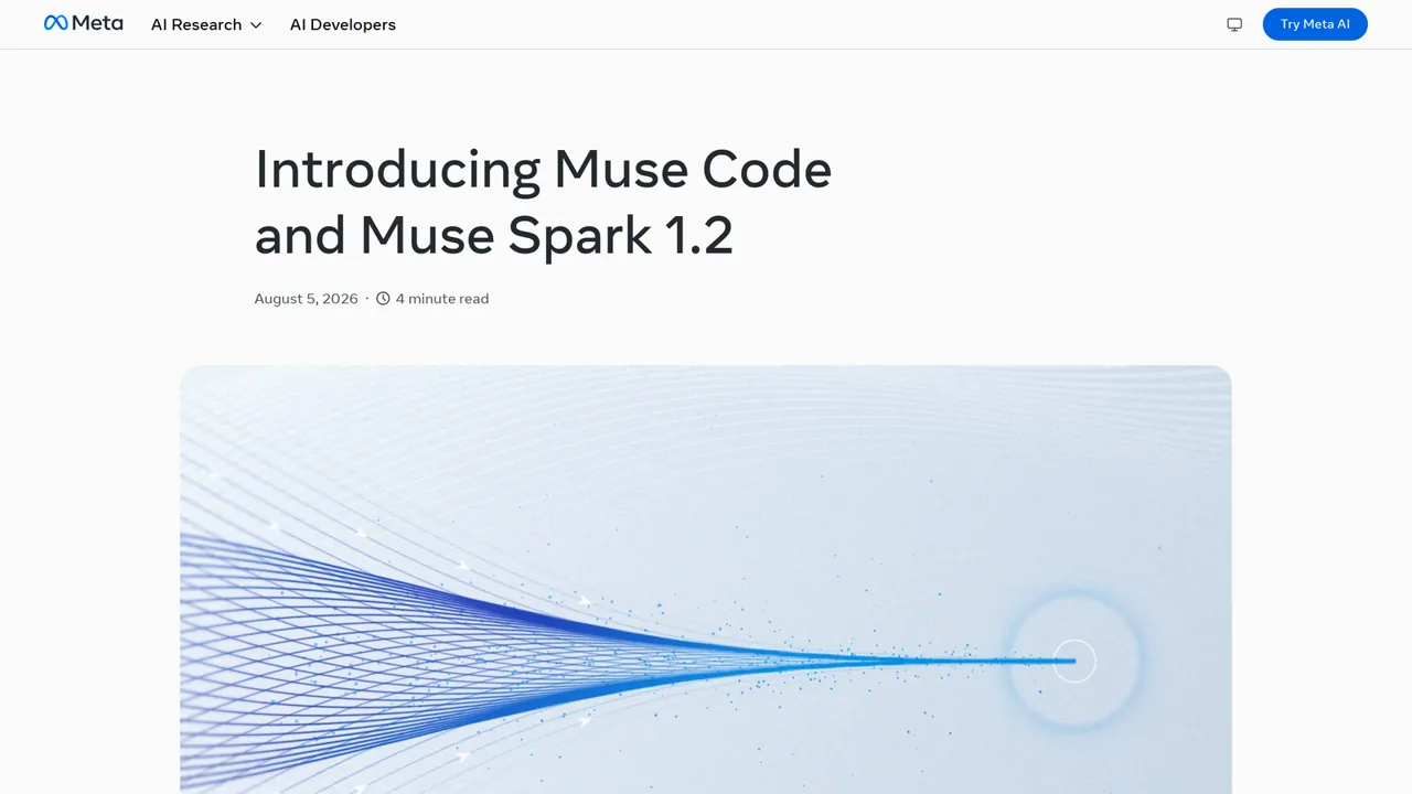 Meta Research announcement titled Introducing Muse Code and Muse Spark 1.2, dated August 5, 2026
