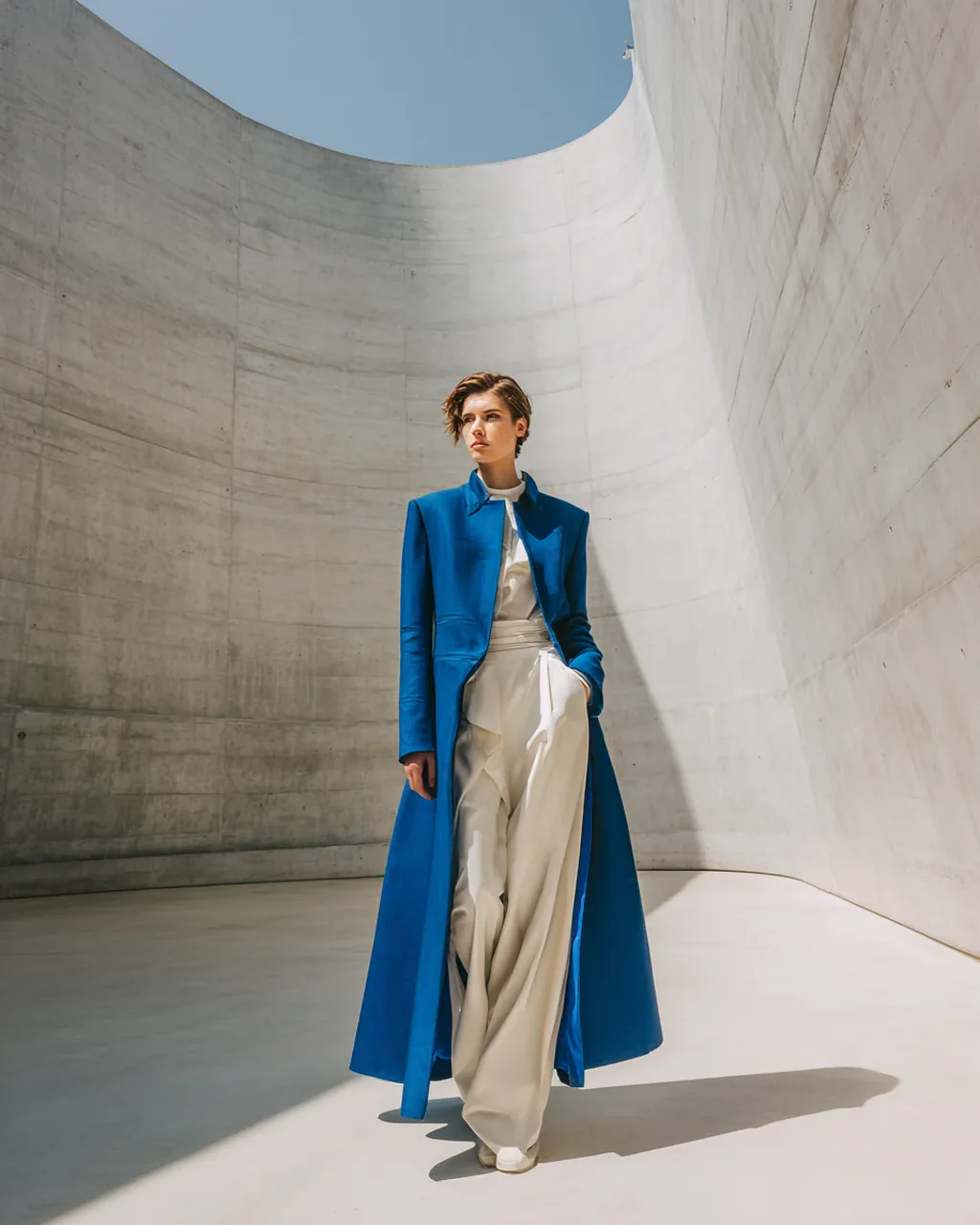 Full-length fashion model in a cobalt coat and cream outfit inside a curved concrete gallery