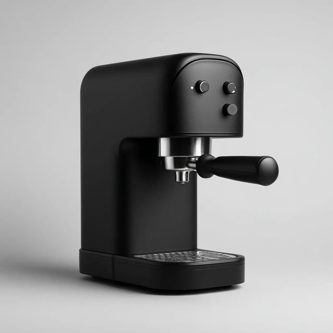 Compact matte-black countertop espresso machine on a clean neutral background