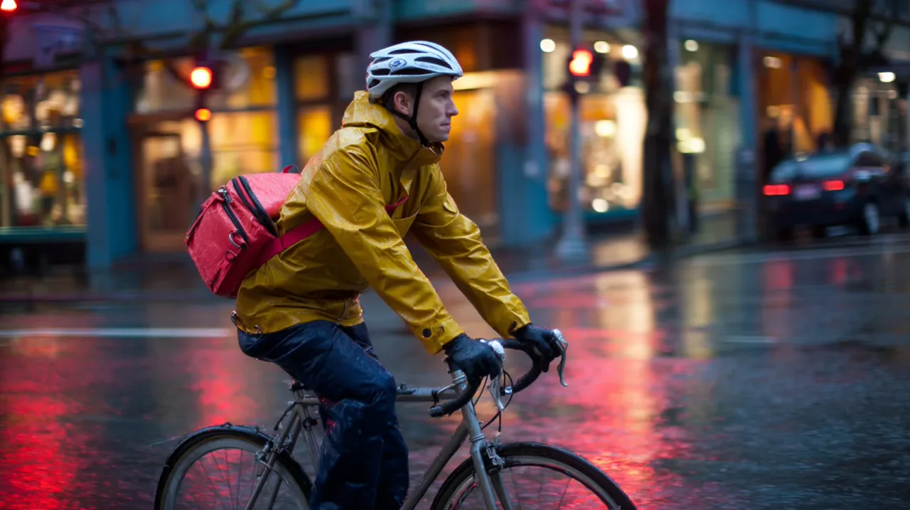 Bicycle courier riding through a rainy city with a yellow jacket and red delivery bag