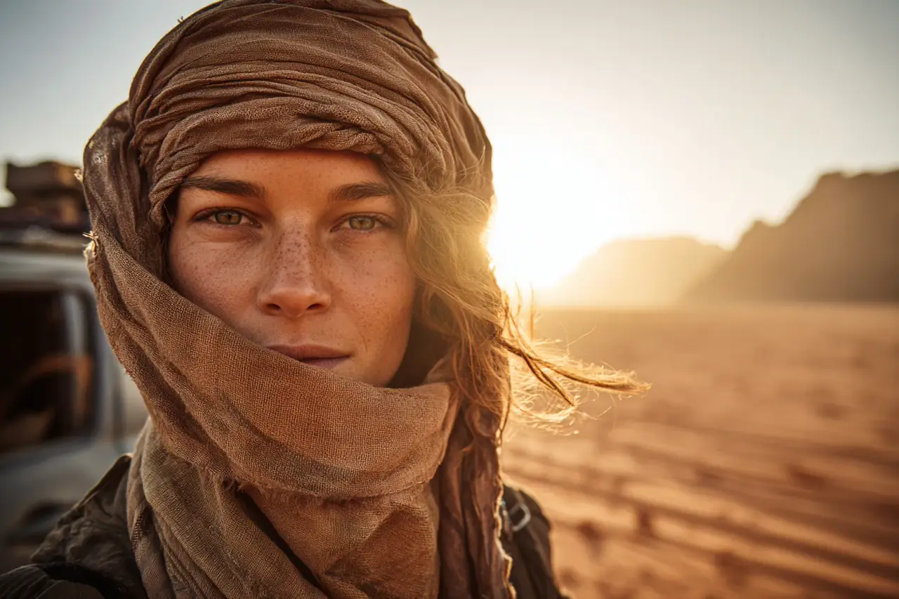 Wide close-up portrait of a desert explorer on the left with sunlit open desert on the right