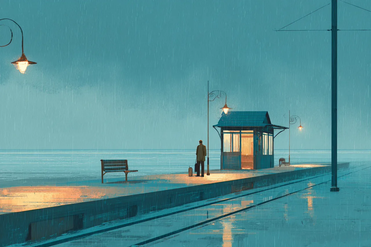 Gouache-style coastal railway station at blue hour with one traveler and wet platform reflections