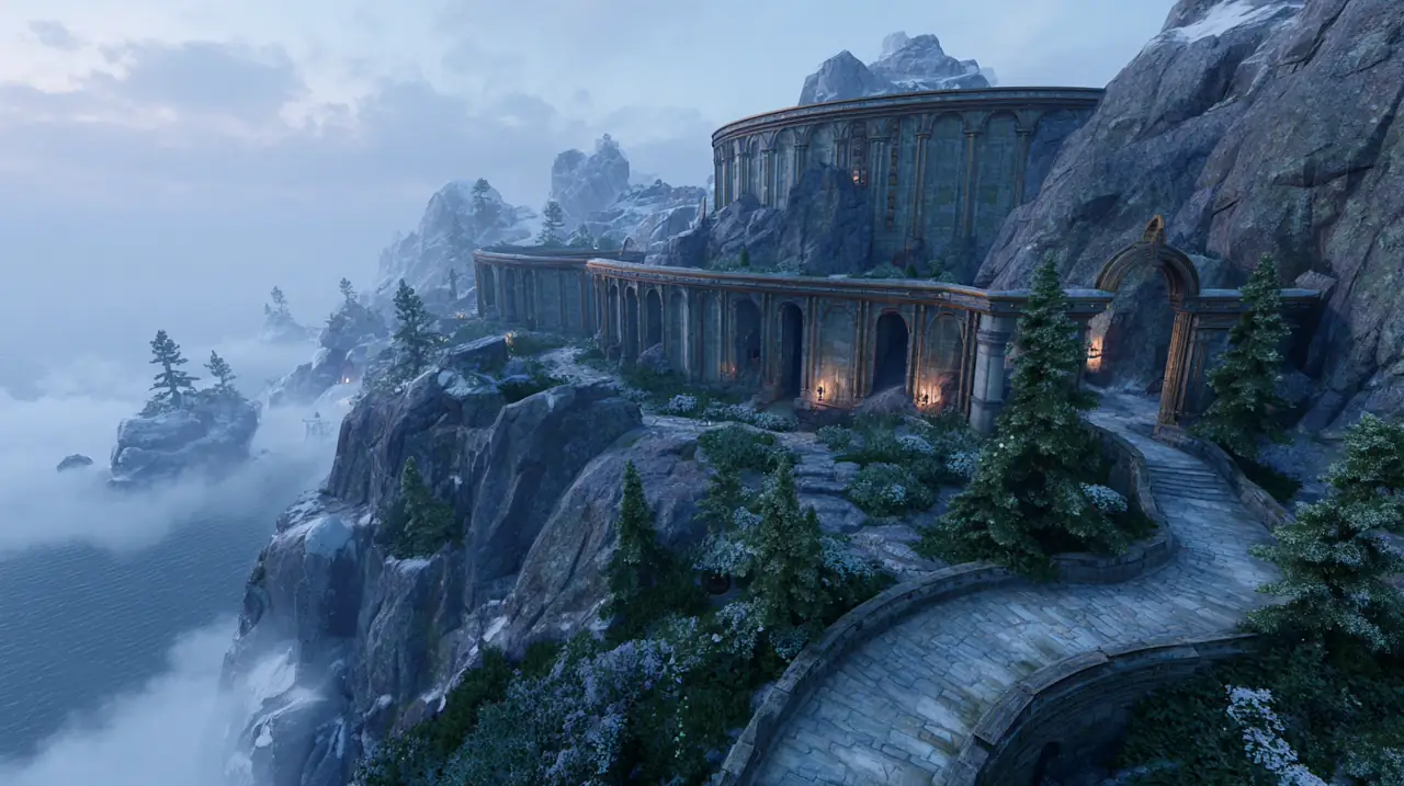 Ancient mountain observatory above clouds with a curved stone approach and cold mist