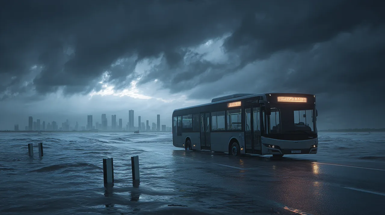 Electric bus crossing a flooded coastal highway beneath storm clouds with a distant city skyline