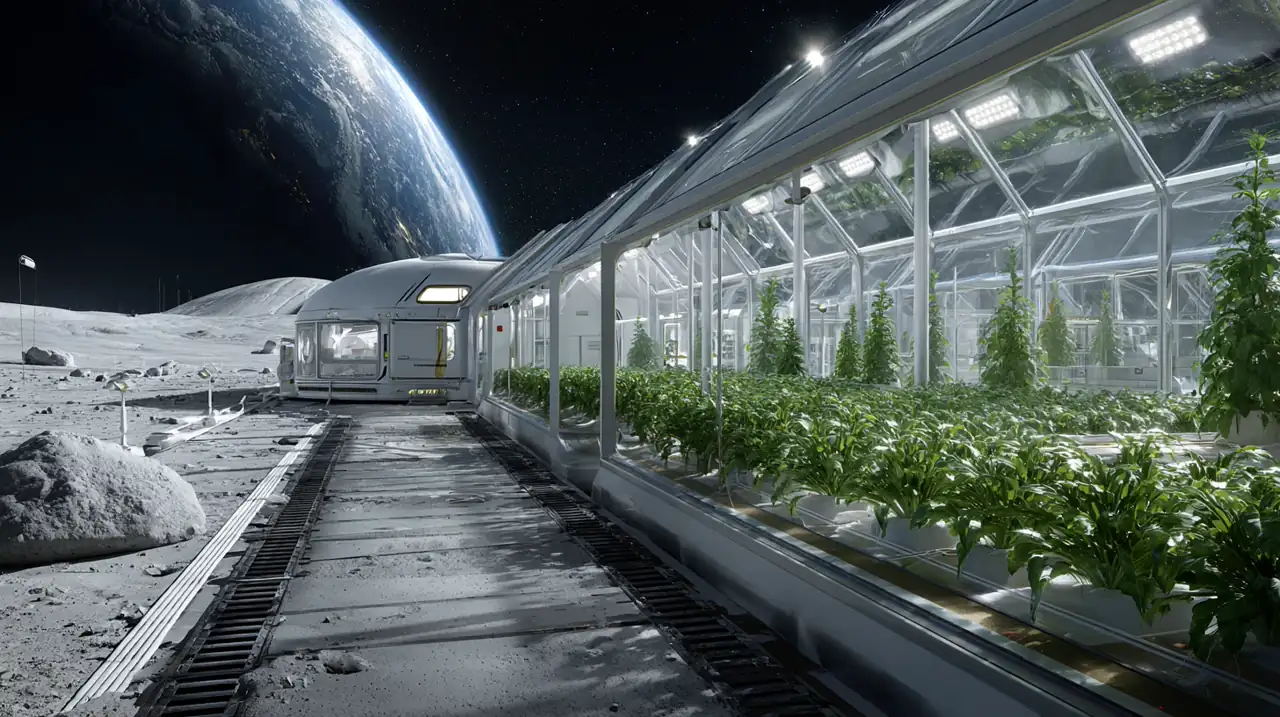 Transparent lunar greenhouse filled with crops beside a small habitat and an oversized Earth above the horizon