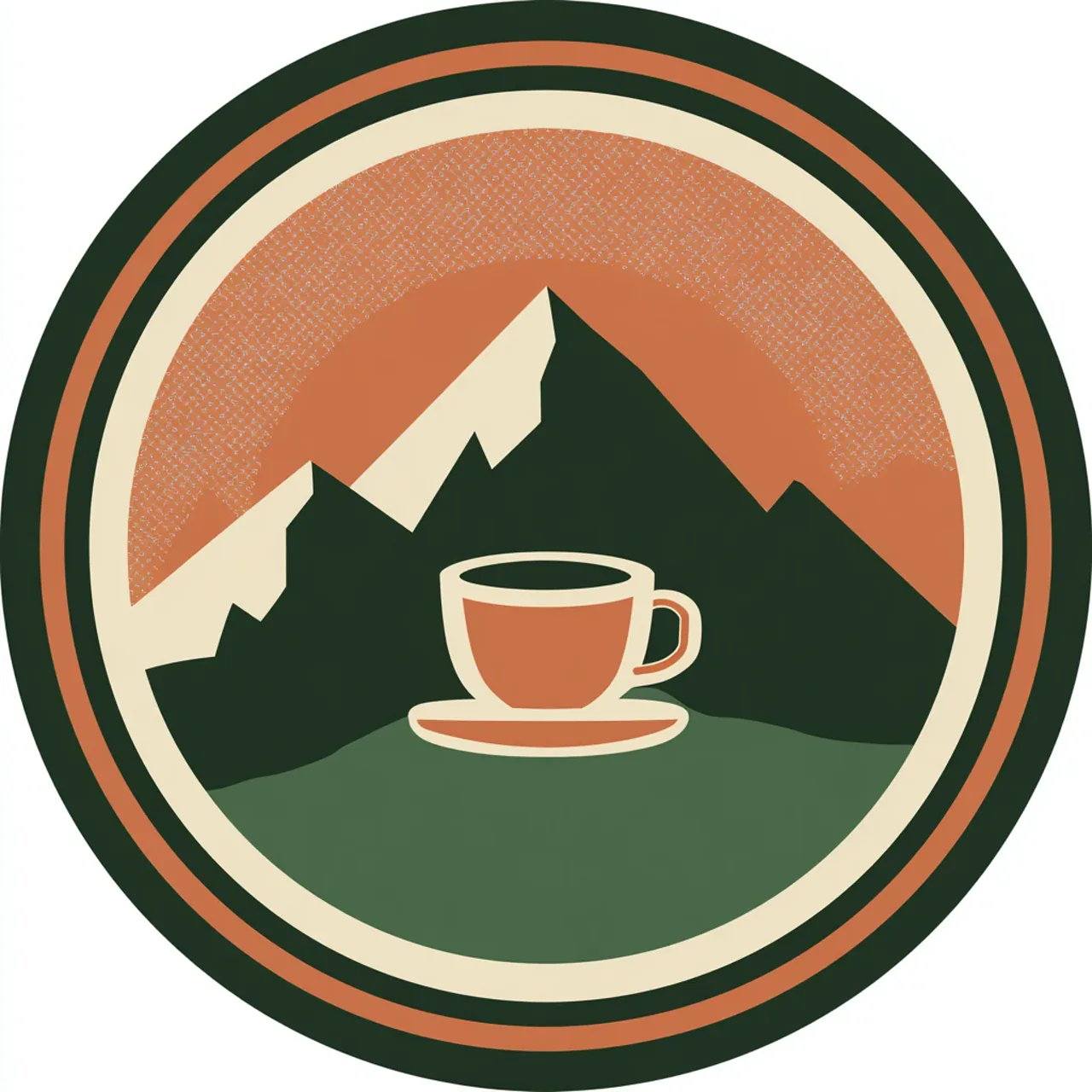 Circular mountain and coffee cup emblem in dark green rust orange and cream
