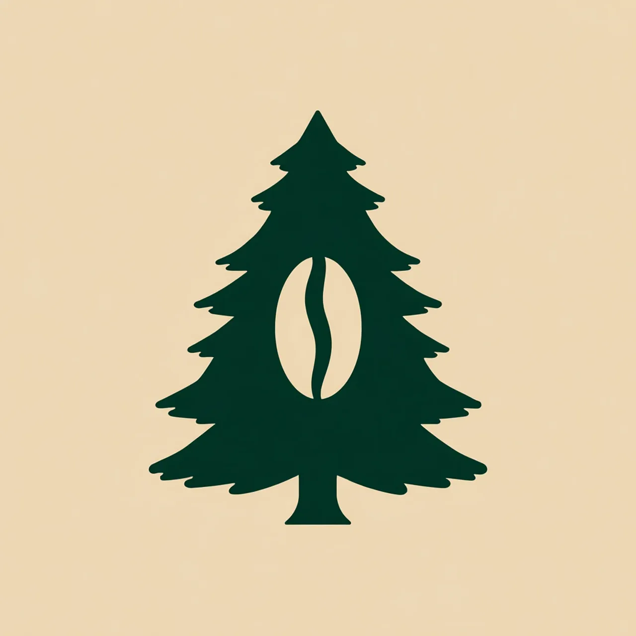 Minimal green pine tree logo with a coffee-bean-shaped negative-space cutout
