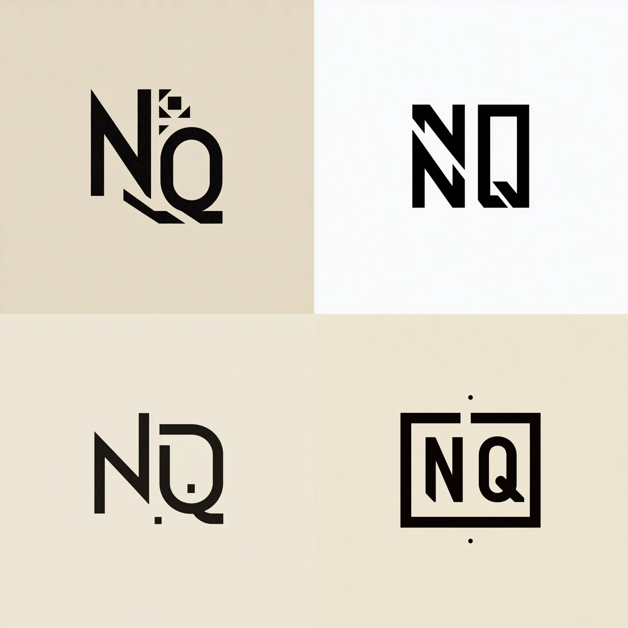 Four Midjourney NQ monogram logo concepts in a black and ivory palette
