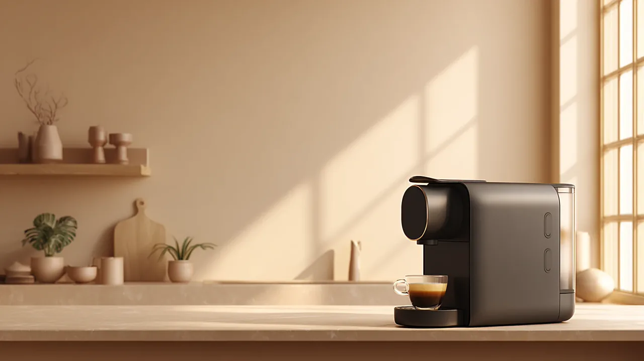 Matte-black espresso machine on the right of a warm kitchen advertisement with broad wall space on the left
