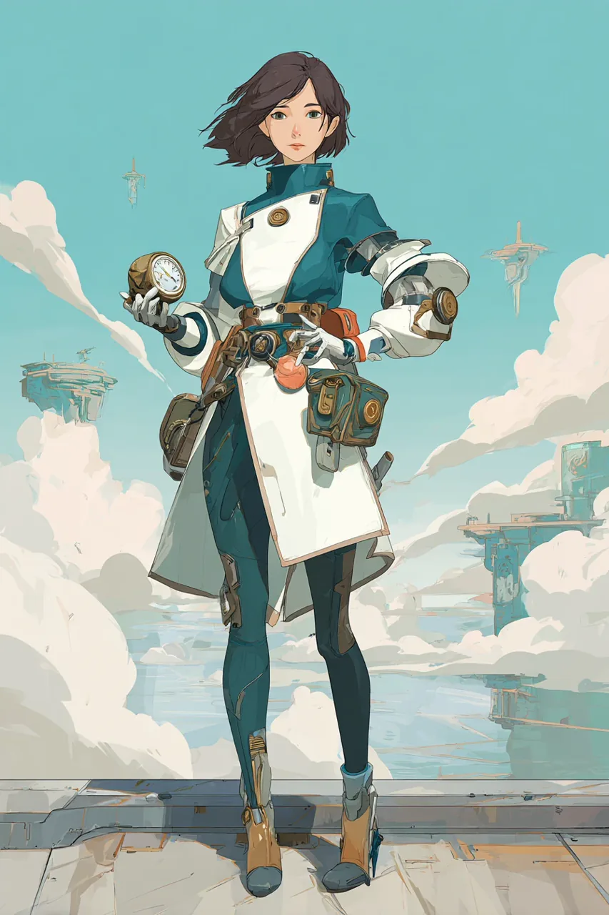 Anime-inspired adult science-fantasy navigator in a white and teal uniform holding a mechanical compass