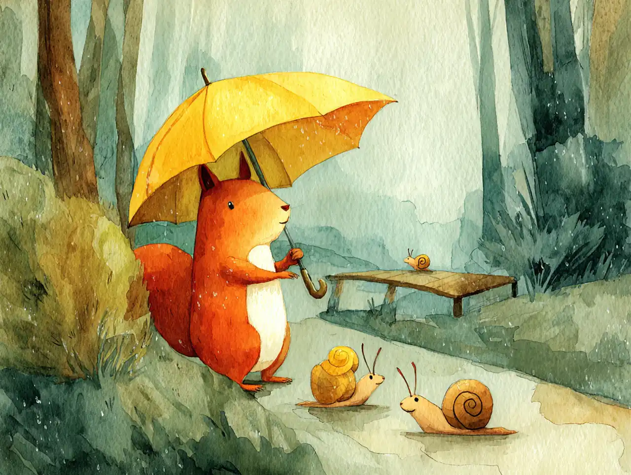 Watercolor children's book illustration of a red squirrel with a yellow umbrella beside snails and a wooden bridge