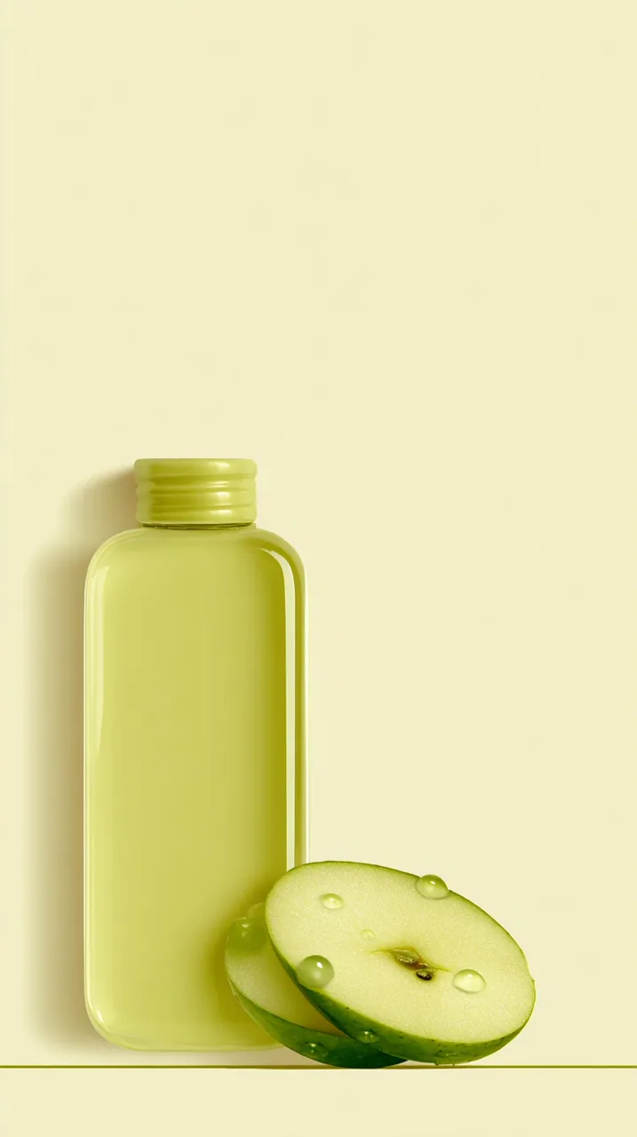 Vertical product advertisement with a large lime-green bottle and apple slices below a broad blank cream upper area