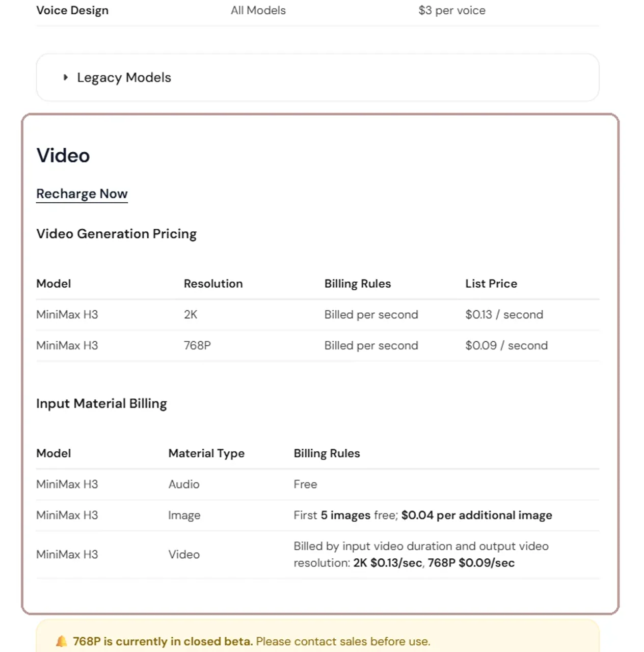 MiniMax official H3 API pricing table