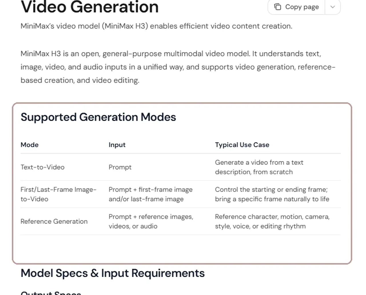 MiniMax official documentation showing MiniMax H3 generation modes