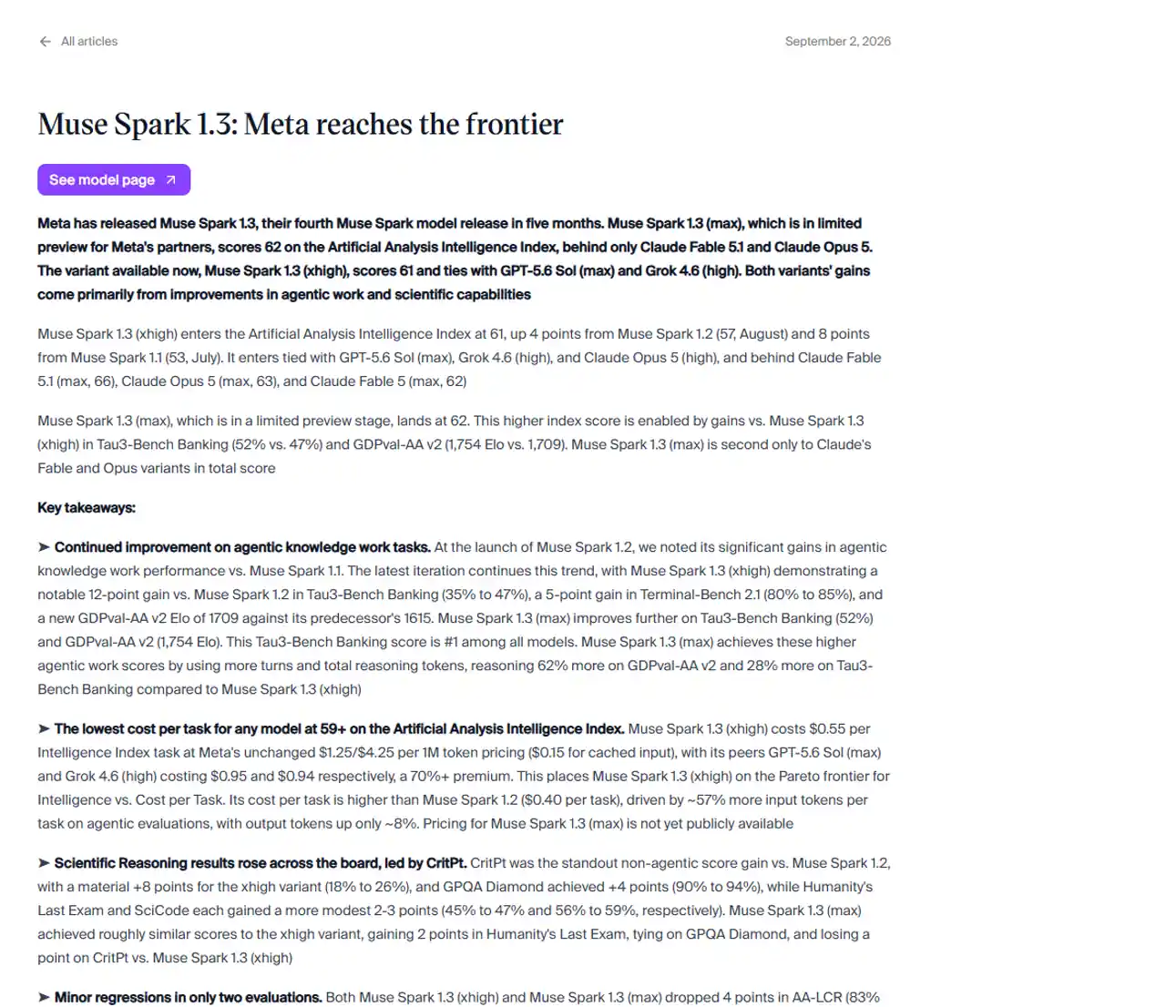 Artificial Analysis Muse Spark 1.3 article showing public xhigh and limited-preview max results