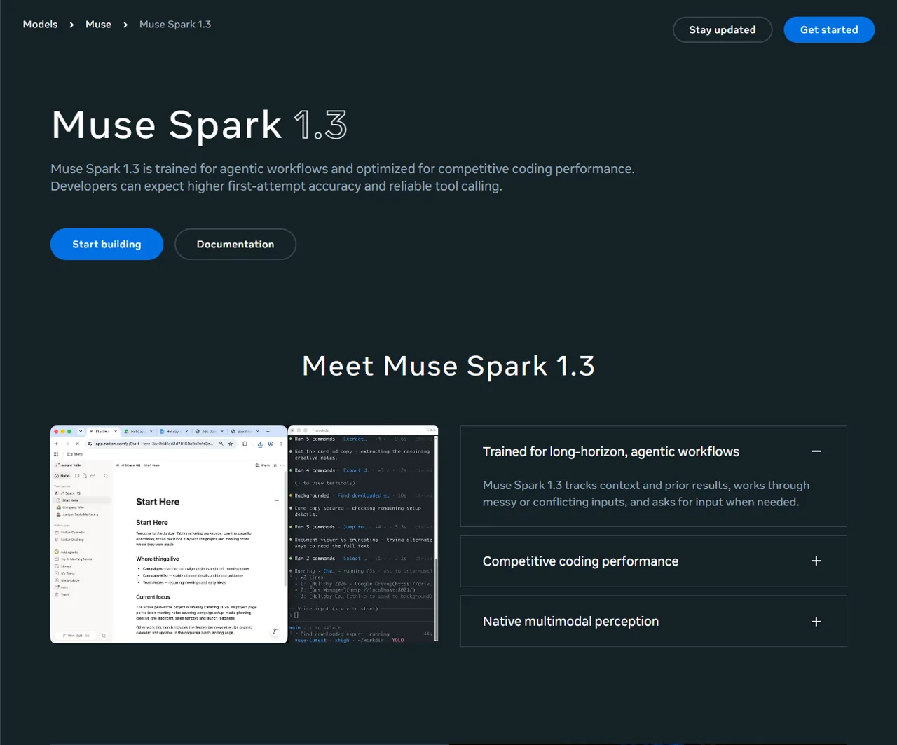 Meta Muse Spark 1.3 model page describing agentic workflows, coding performance, and native multimodal perception