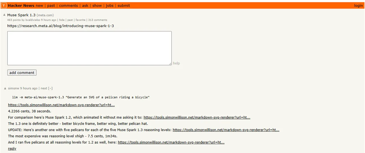 Simon Willison's Hacker News Muse Spark 1.3 SVG test with measured cost, time, and comparison to 1.2