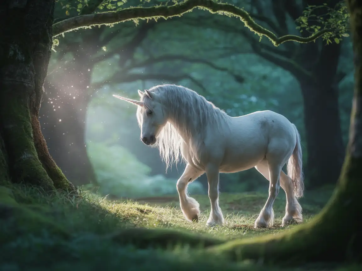 Elegant unicorn in a misty forest, glowing mane, magical particles floating, fantasy realism