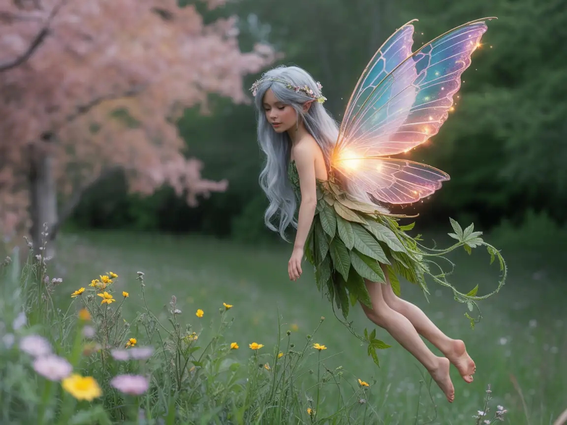 Ethereal fairy hovering above flowers, glowing wings, magical forest, dreamy pastel colors