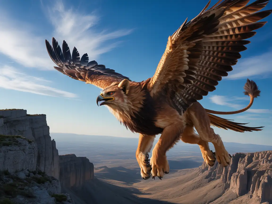 Gryphon with eagle head and lion body, soaring above cliffs, high-detail cinematic style