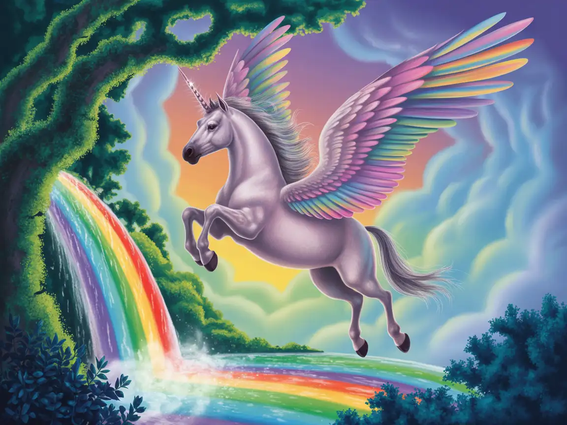 Winged unicorn flying over rainbow waterfall, fantasy illustration, dreamy colors