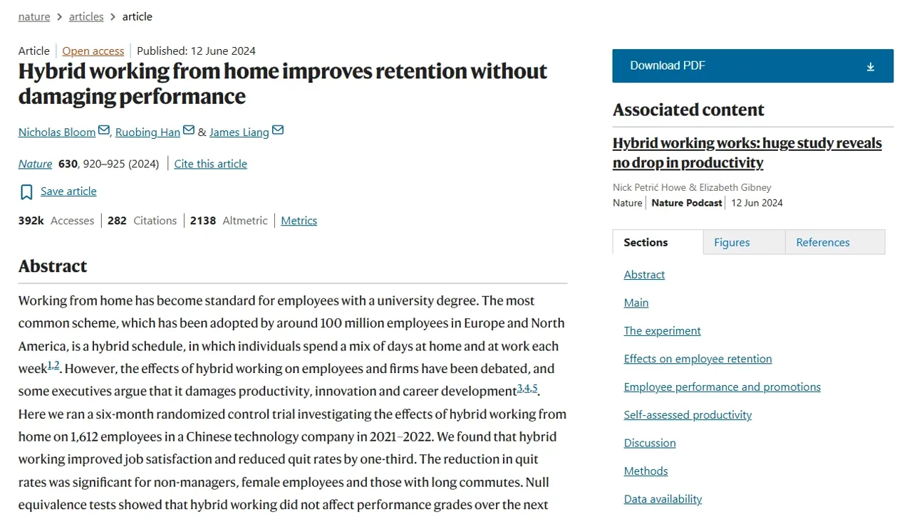 Nature paper title, publication date and abstract for the randomized hybrid-working study