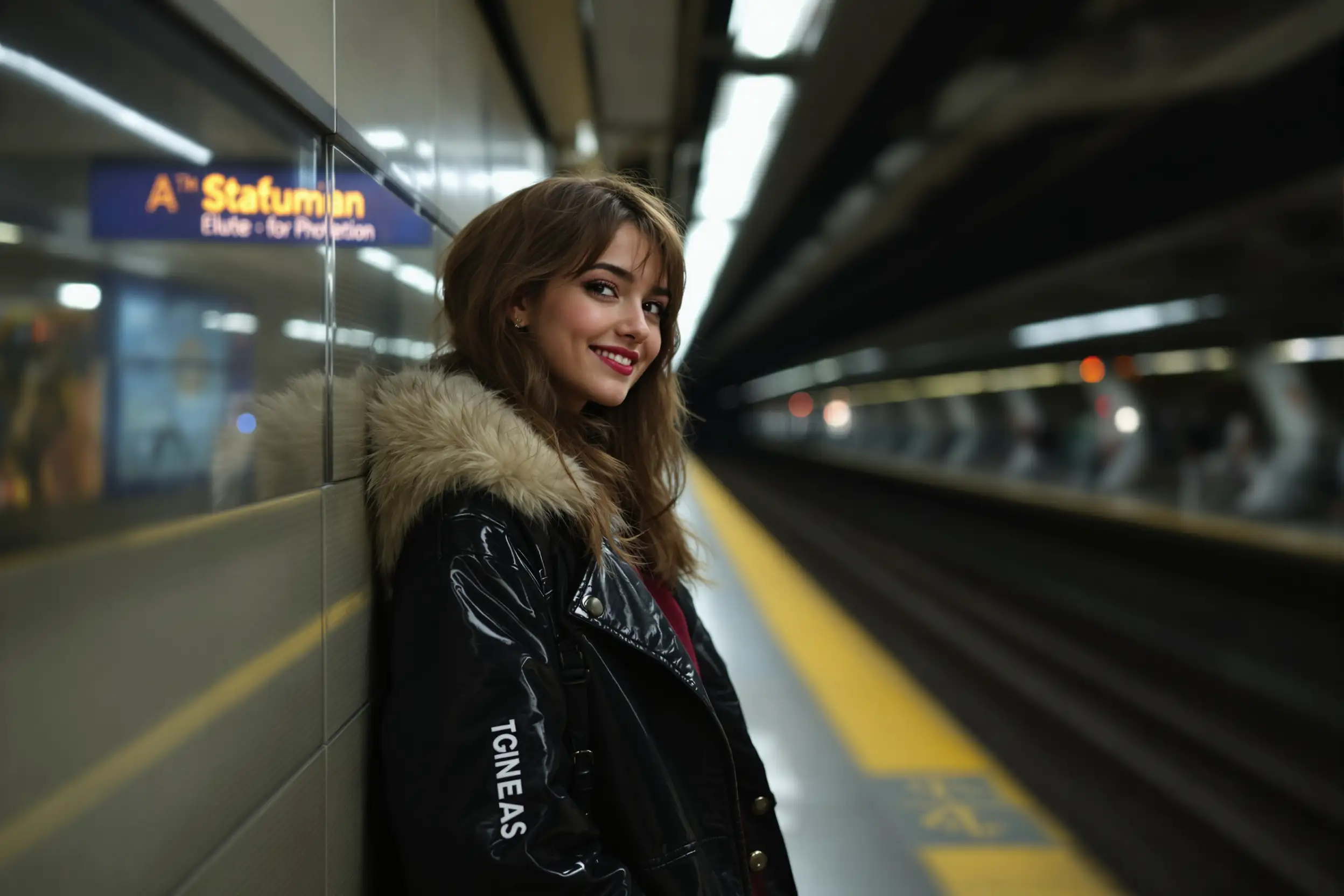 “A young woman waiting at a modern subway station, stylish outfit, photorealistic, cinematic soft lighting, playful smile and teasing glance, realistic urban environment”