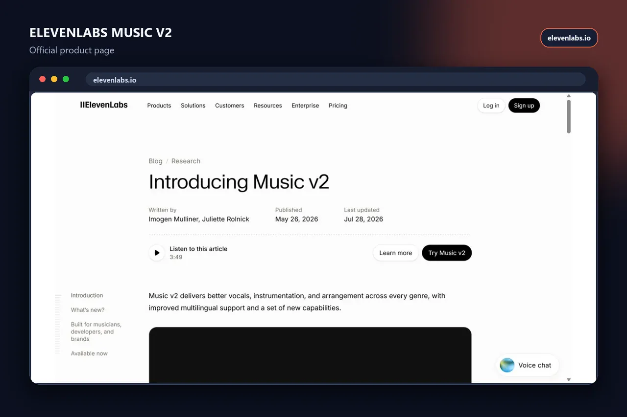 ElevenLabs official Introducing Music v2 release page