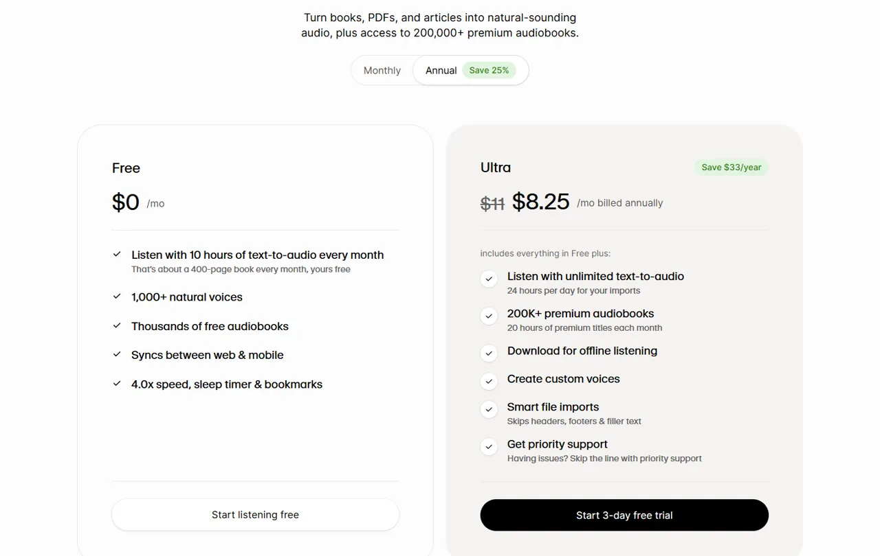 ElevenReader Free and Ultra annual pricing cards