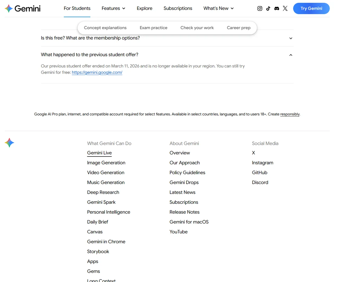 Google US student-offer FAQ with March 11, 2026 end date