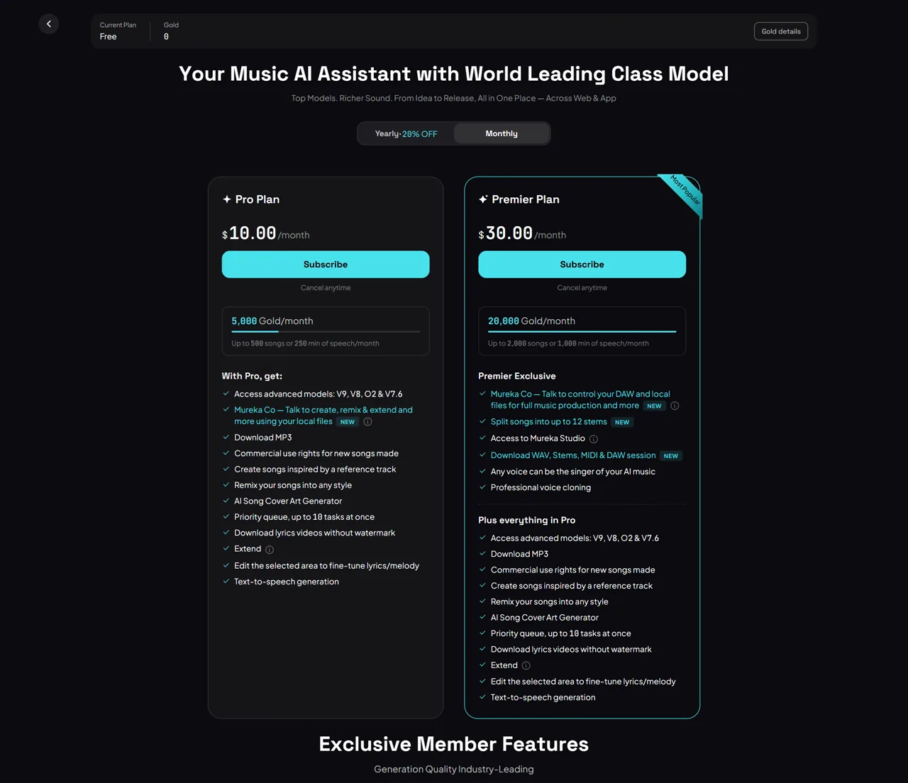 Mureka Pro and Premier monthly consumer subscription prices and allowances