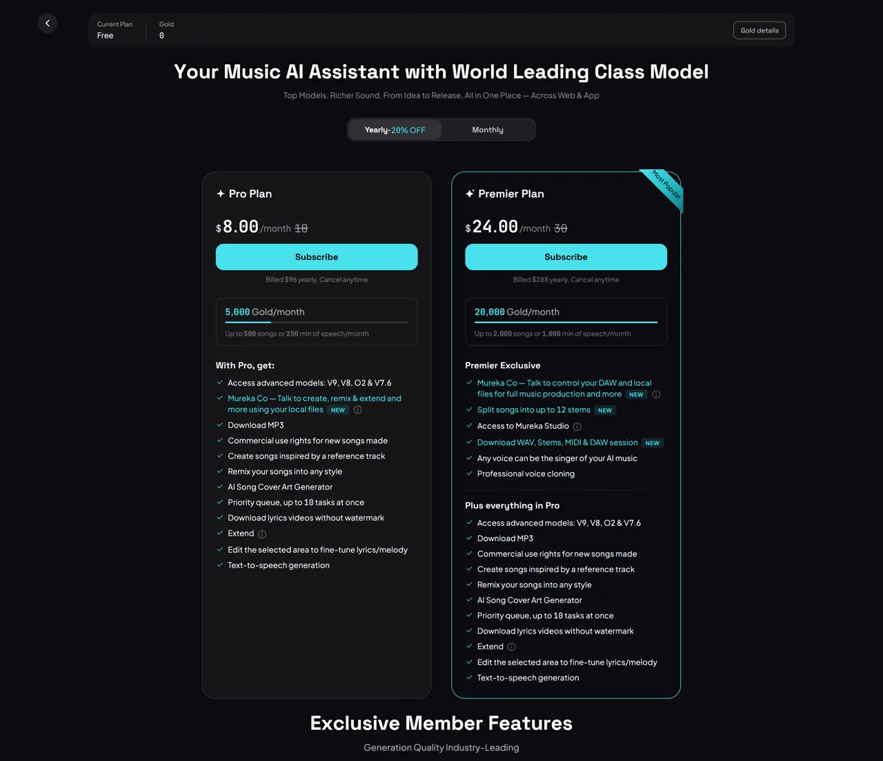 Mureka Pro and Premier annual subscription totals and monthly equivalents