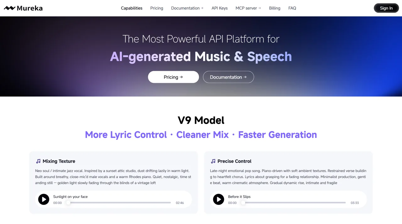 Mureka V9 developer-platform hero describing lyric control mix quality and speed