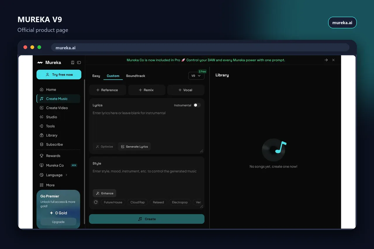 Mureka official Create Music interface with V9 selected